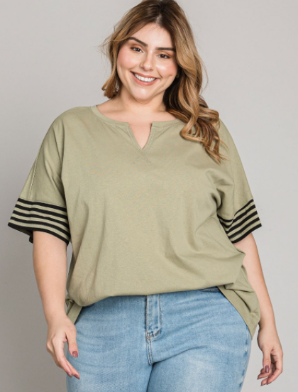 Cotton Knit Top With Matching Stripes Sleeves